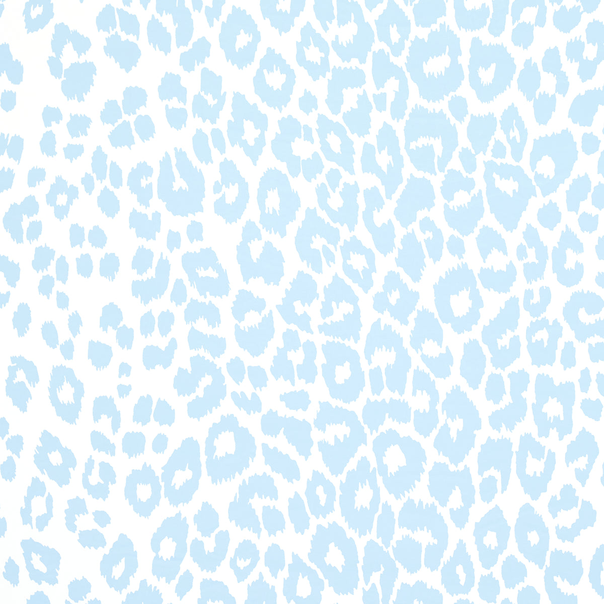 Pastel blue leopard print on white background; soft textile pattern for clothing or home decor.