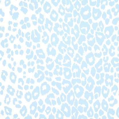 Pastel blue leopard print on white background; soft textile pattern for clothing or home decor.