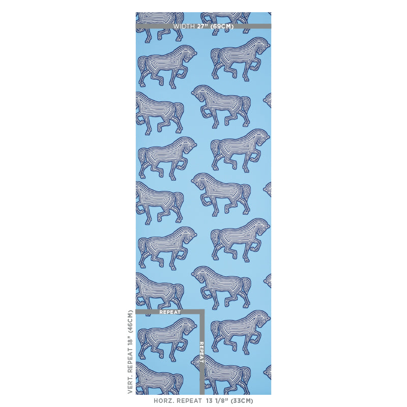 Light blue fabric with repeating white horse silhouettes in a vertical pattern; textile swatch.