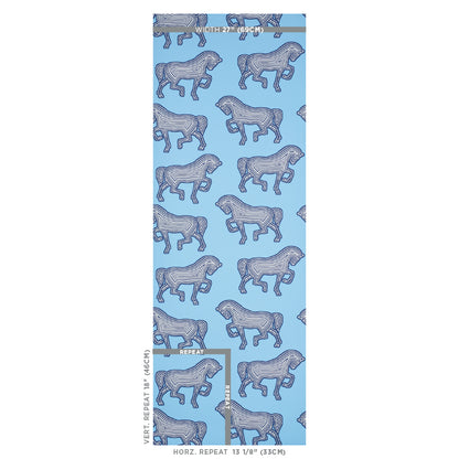Light blue fabric with repeating white horse silhouettes in a vertical pattern; textile swatch.