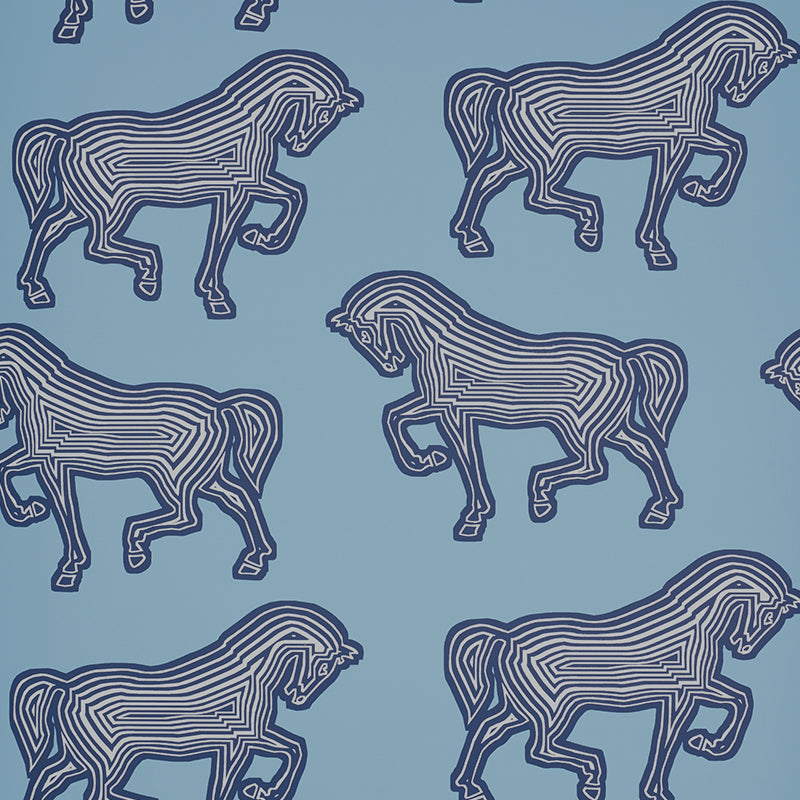 Repeating pattern of stylized navy horses formed by curved stripes on a light blue background.