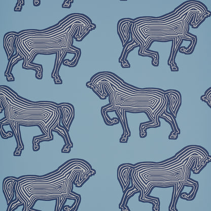 Repeating pattern of stylized navy horses formed by curved stripes on a light blue background.