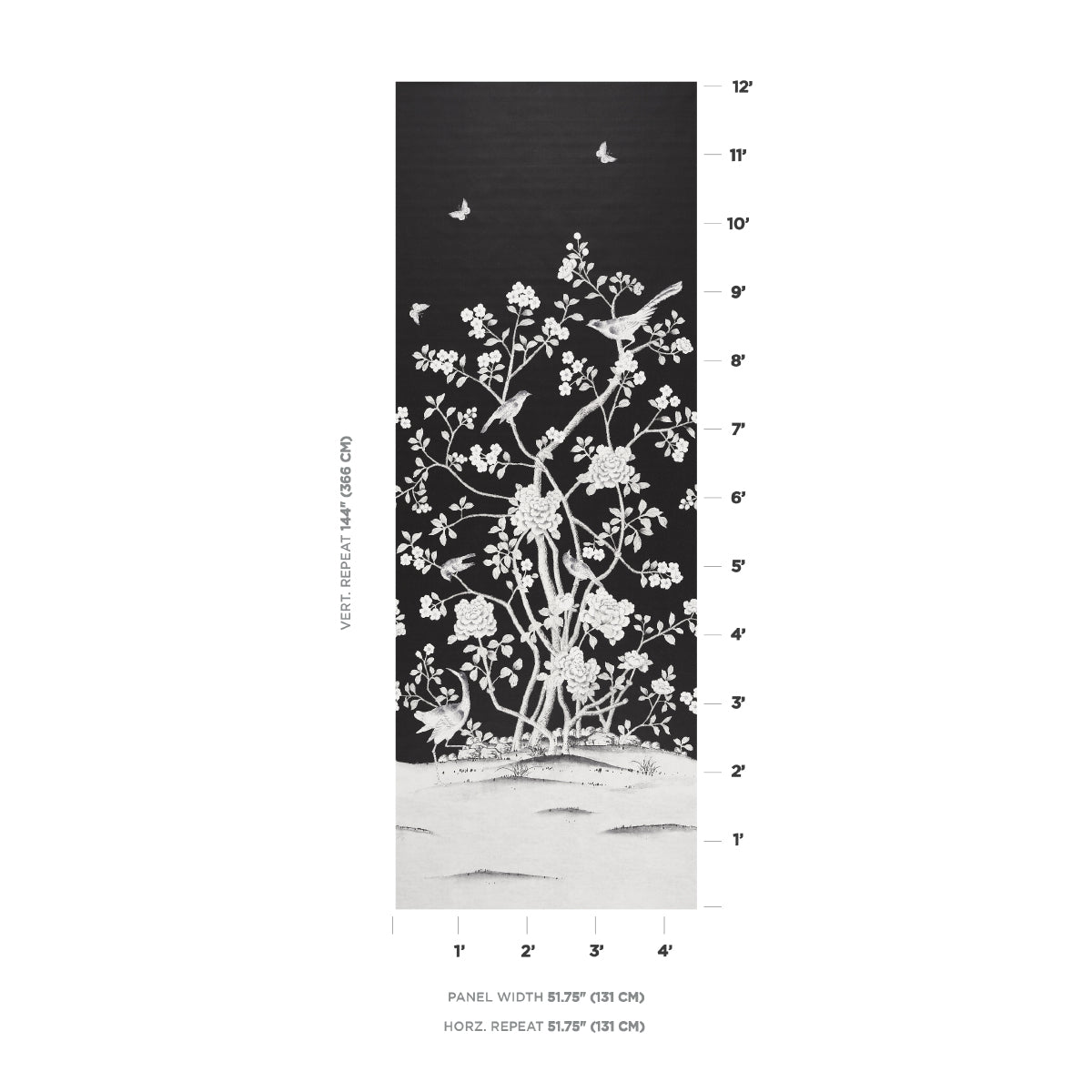 Tall black decorative panel featuring white botanical blossoms and birds in a nature-inspired mural.