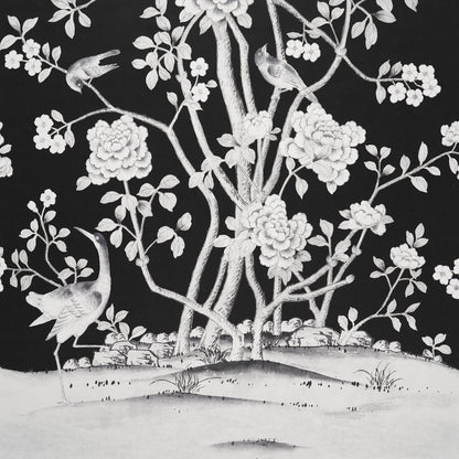 Monochrome toile print on black with flowering trees and birds; elegant wallpaper or fabric pattern.