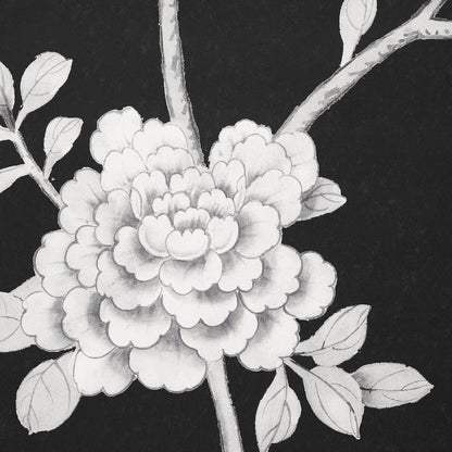 Grayscale botanical illustration of a blooming peony on a branch with leaves, detailed layered petals.