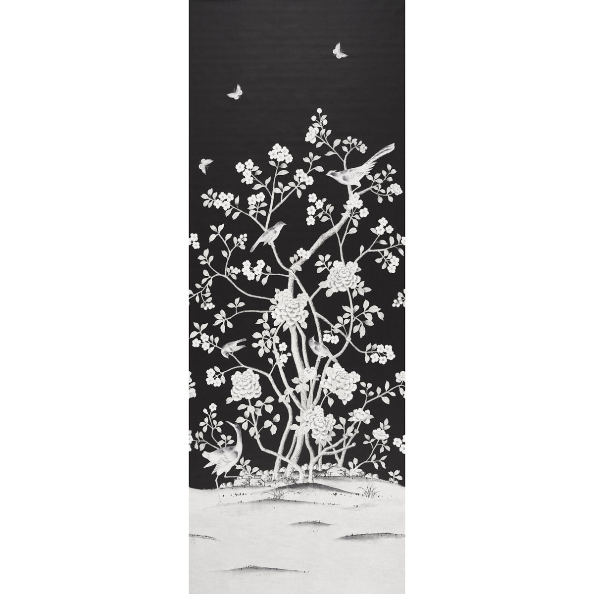 Tall black panel featuring white cherry blossom branches with birds and butterflies, snowy white ground at the base.
