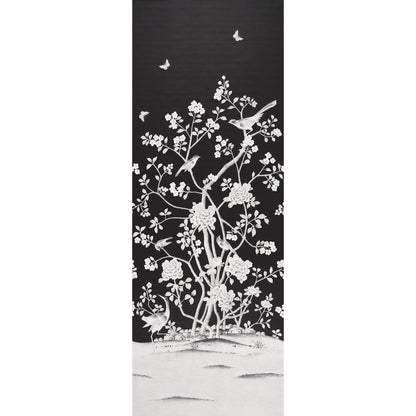 Tall black panel featuring white cherry blossom branches with birds and butterflies, snowy white ground at the base.