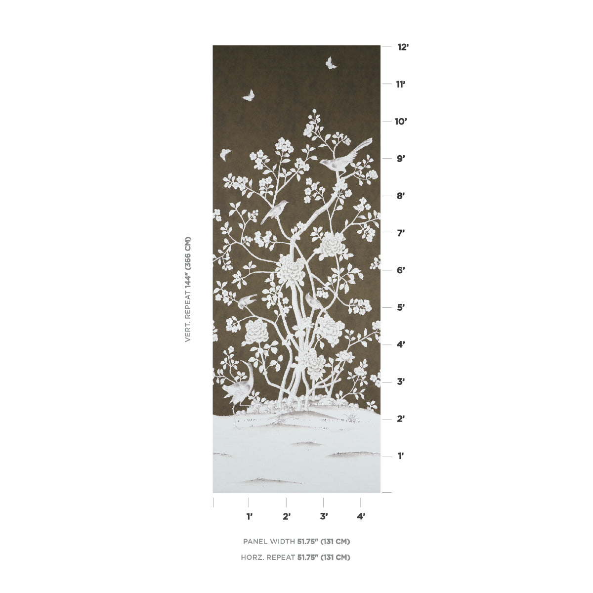 Vertical brown panel wall art featuring a white blossom tree silhouette, birds, and snowy ground.