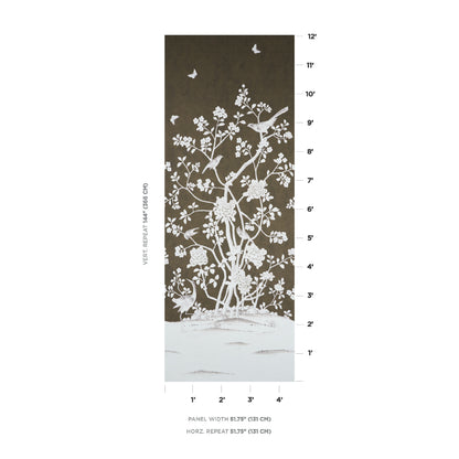 Vertical brown panel wall art featuring a white blossom tree silhouette, birds, and snowy ground.