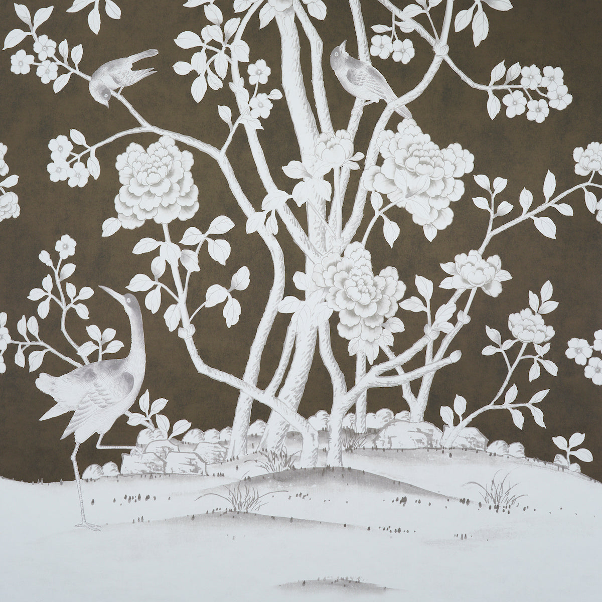 Chinoiserie-style white floral and bird wallpaper on dark brown background.