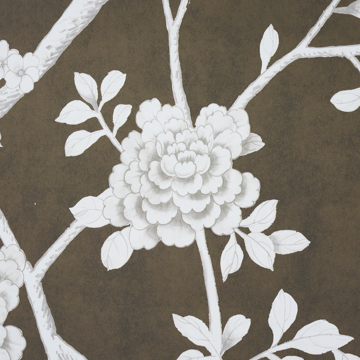 White peony blossoms with leaves on a brown textured background; botanical floral pattern.