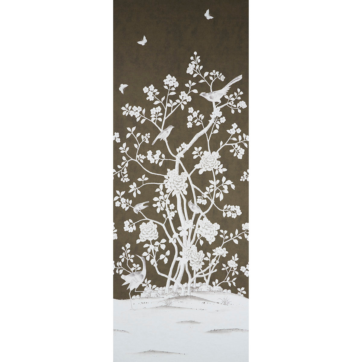 Vertical brown wall art panel with a white flowering tree, birds and butterflies; nature-inspired silhouette.