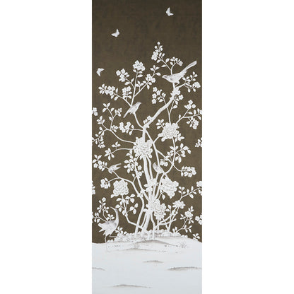Vertical brown wall art panel with a white flowering tree, birds and butterflies; nature-inspired silhouette.