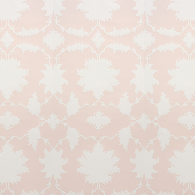 Soft pink damask wallpaper with white ornate floral motifs; classic decorative wall covering.