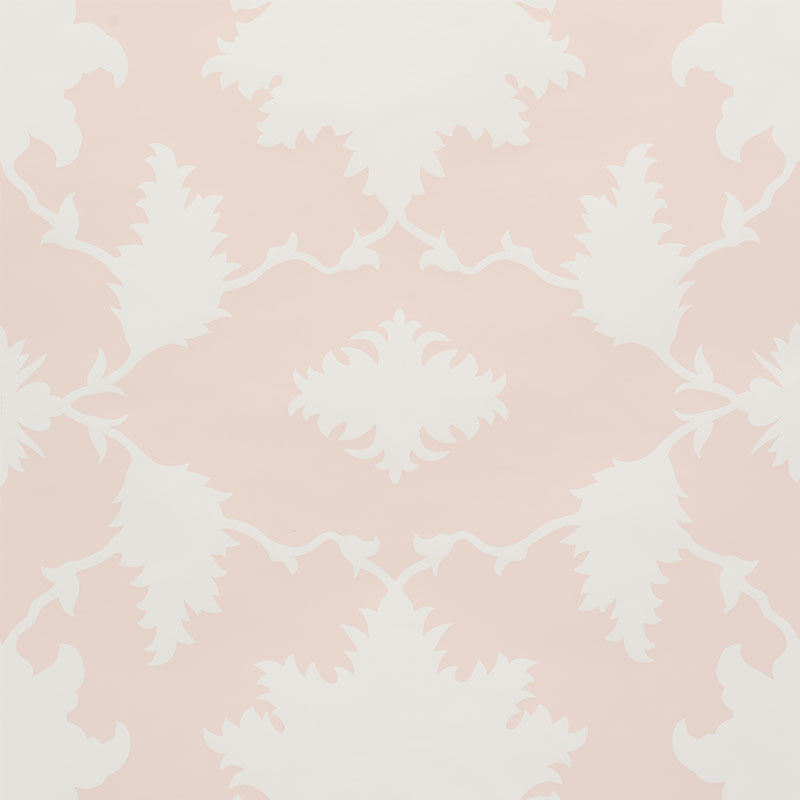 Soft pink damask wallpaper with white ornate floral motifs, vintage elegance for walls.