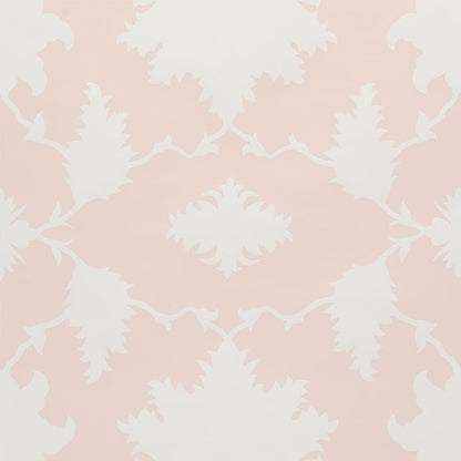 Soft pink damask wallpaper with white ornate floral motifs, vintage elegance for walls.