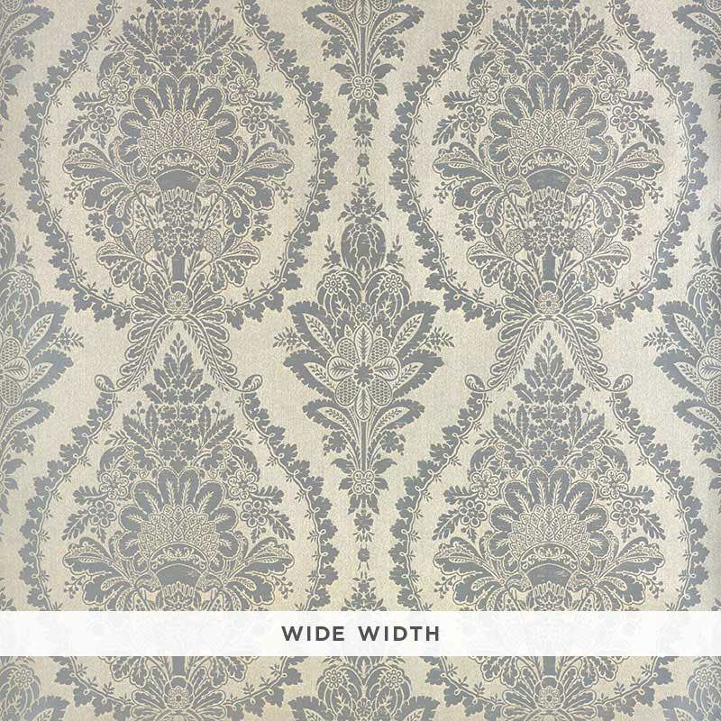 Damask wallpaper in burnished silver with ornate floral motifs; classic wide-width repeating pattern.