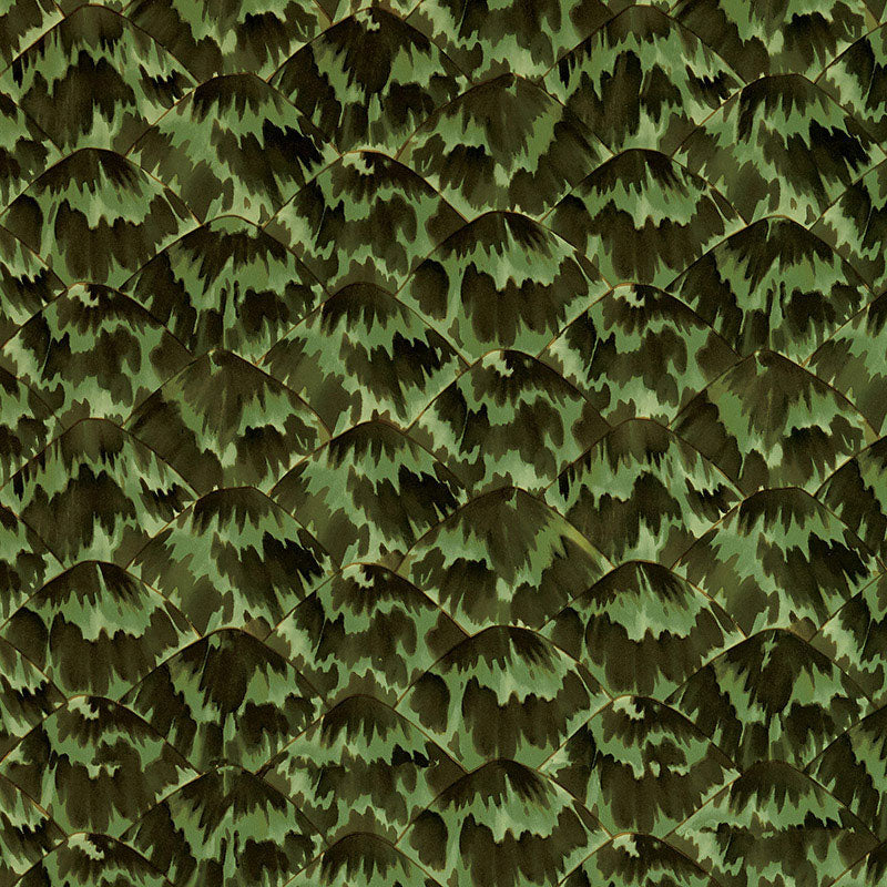 Overlapping emerald green pine silhouettes create a dense repeating forest pattern for wallpaper or fabric.
