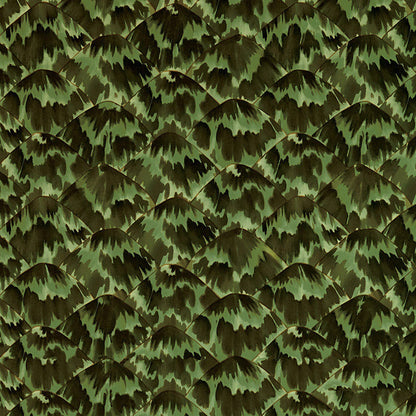 Overlapping emerald green pine silhouettes create a dense repeating forest pattern for wallpaper or fabric.