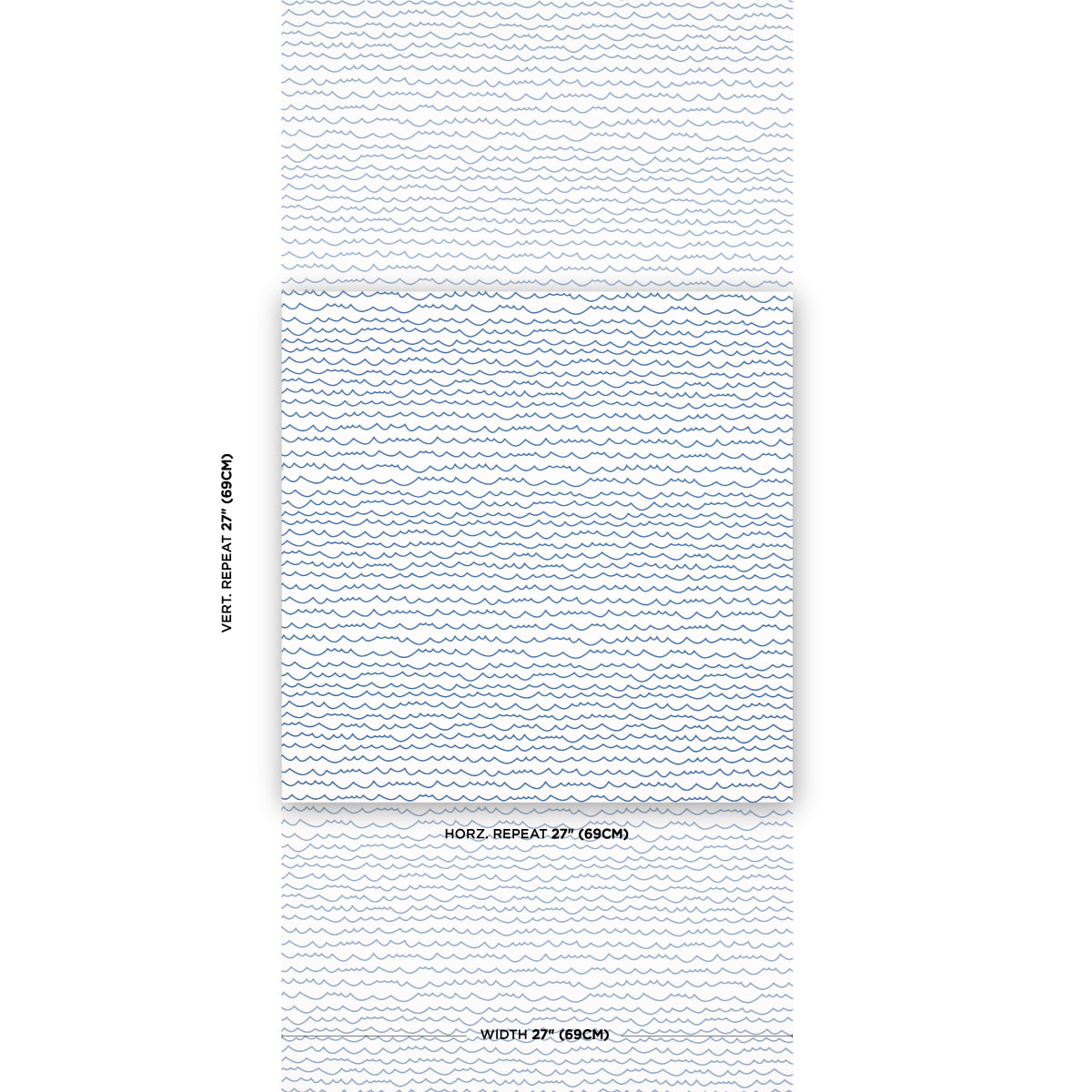 White wallpaper with thin blue wavy horizontal lines; 27 in. horizontal repeat, wall covering for interiors.