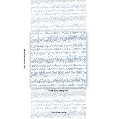 White wallpaper with thin blue wavy horizontal lines; 27 in. horizontal repeat, wall covering for interiors.