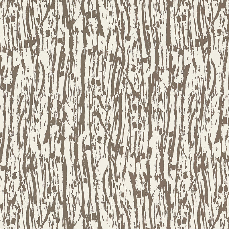 Beige wallpaper with brown wood-grain bark pattern and vertical streaks for a rustic natural look.