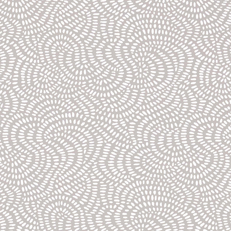 Gray fabric with an off-white circular dotted swirl pattern; abstract geometric textile for upholstery or home decor.
