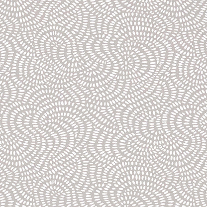 Gray fabric with an off-white circular dotted swirl pattern; abstract geometric textile for upholstery or home decor.