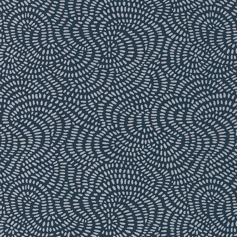 Navy blue wallpaper with pale gray dotted spiral motifs forming swirling circular patterns.