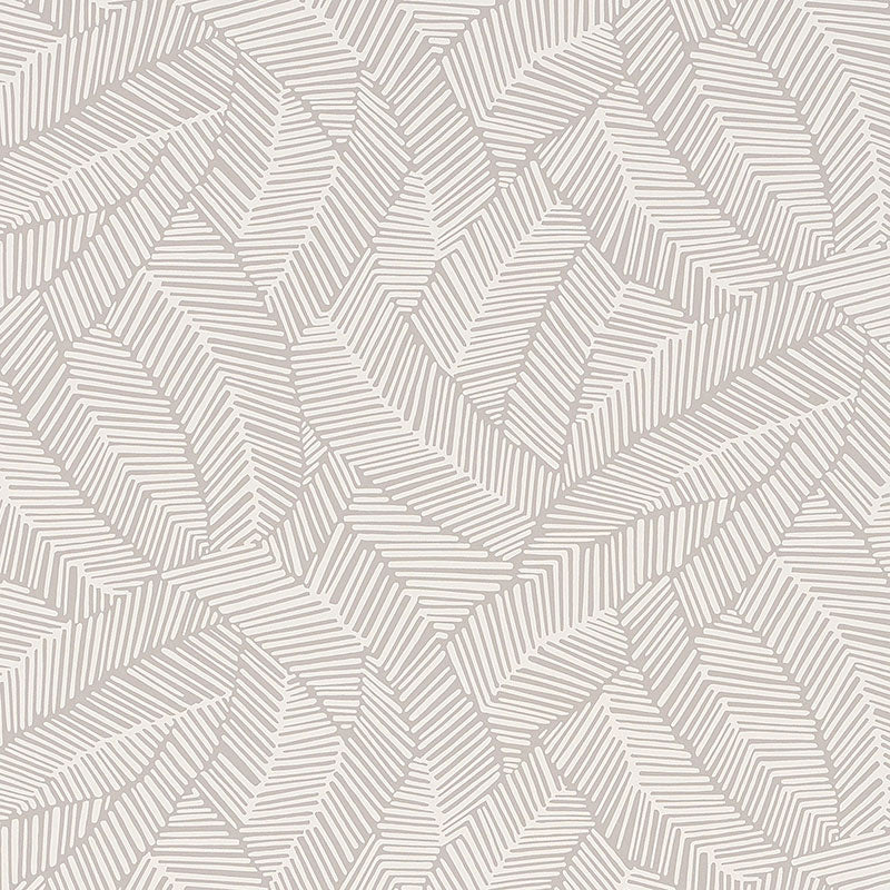 Beige-taupe wallpaper with abstract leaf pattern.