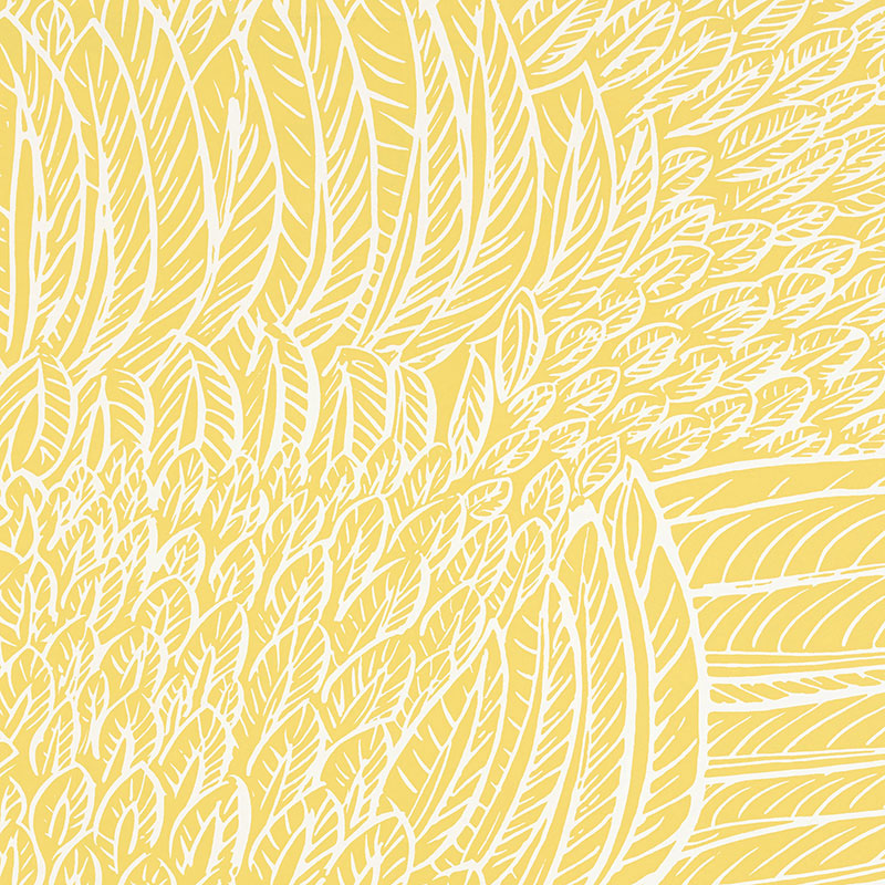 Yellow background with white abstract botanical leaf pattern in bold linework.