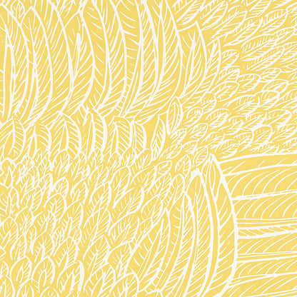 Yellow background with white abstract botanical leaf pattern in bold linework.