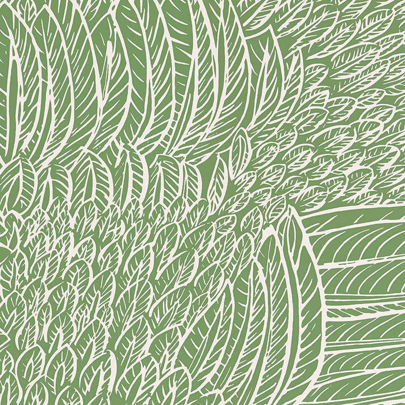Olive green background with dense white leaf outlines in a botanical pattern, versatile for wallpaper or fabric.