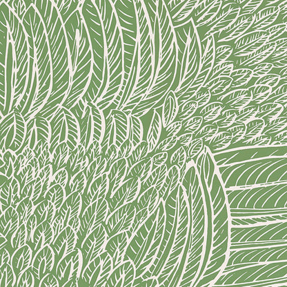 Olive green background with dense white leaf outlines in a botanical pattern, versatile for wallpaper or fabric.