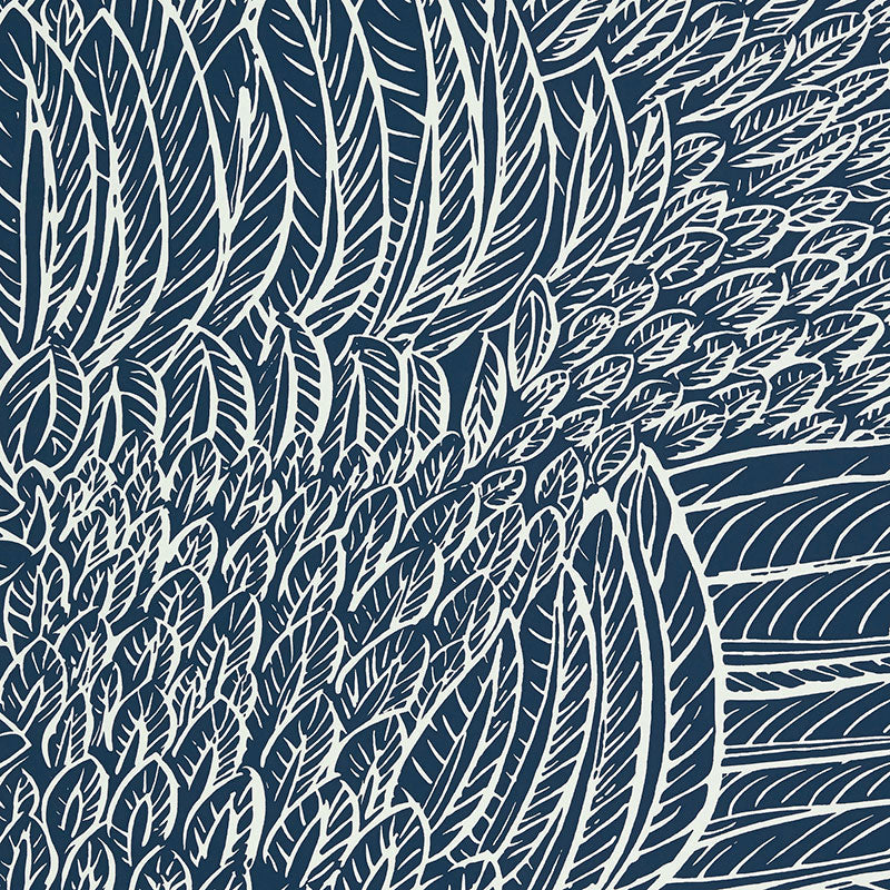 Navy blue fabric with white leaf/feather pattern, bold botanical print, ideal for clothing or home decor