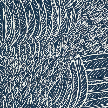 Navy blue fabric with white leaf/feather pattern, bold botanical print, ideal for clothing or home decor