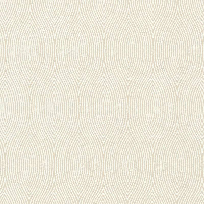 Beige wallpaper with cream wavy oval pattern, subtle damask-inspired texture for walls.