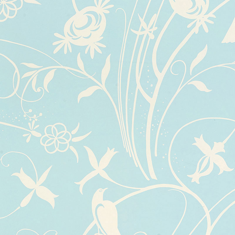 Light blue wallpaper with white ornamental floral vines, flowers and birds.
