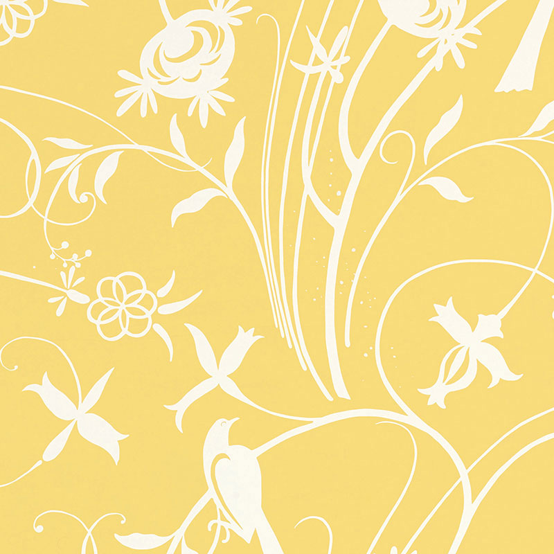 Yellow backdrop with white stylized floral vine and birds, decorative wallpaper pattern.