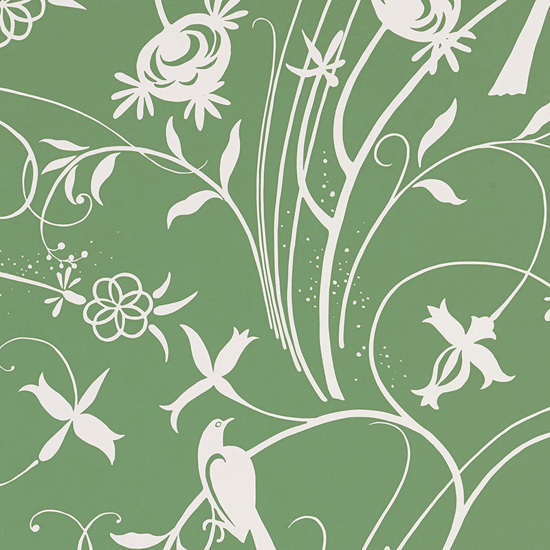 Green background with white botanical pattern featuring vines, leaves, flowers and stylized birds.