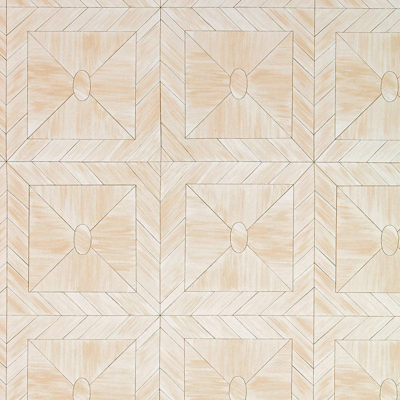 Beige wallpaper with a parquet-inspired pattern featuring square panels, diagonal chevrons and oval centers; warm natural color.