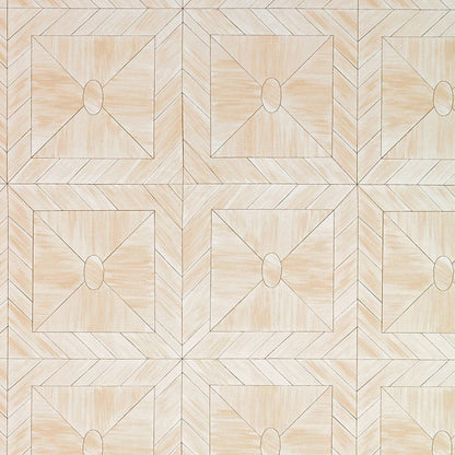Beige wallpaper with a parquet-inspired pattern featuring square panels, diagonal chevrons and oval centers; warm natural color.