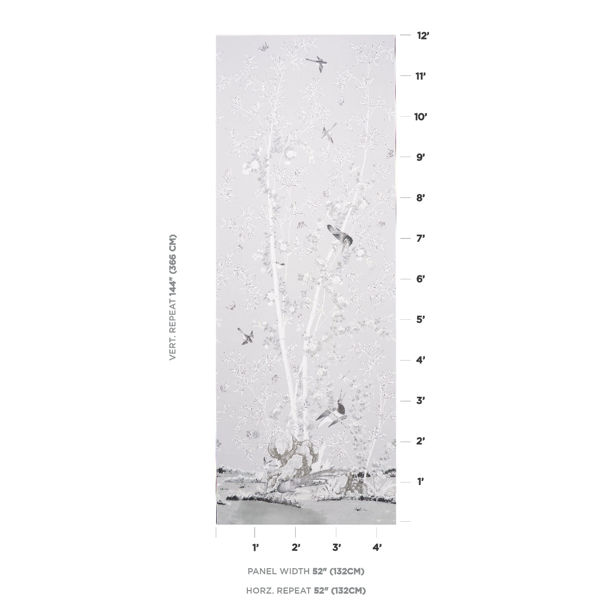 Vertical gray wallpaper panel with subtle botanical print and height-scale rulers along the edges; 52-inch width.