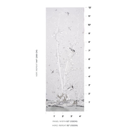 Vertical gray wallpaper panel with subtle botanical print and height-scale rulers along the edges; 52-inch width.