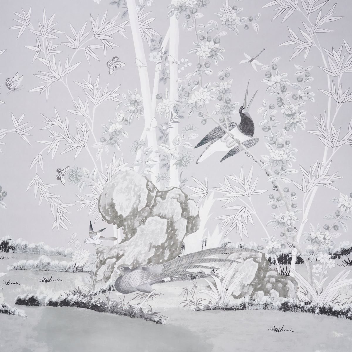 Black and white wallpaper panel featuring a formal architectural motif.