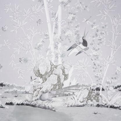 Black and white wallpaper panel featuring a formal architectural motif.
