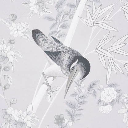 Gray-scale wallpaper featuring a perched kingfisher among bamboo and blossoms; decorative botanical pattern.