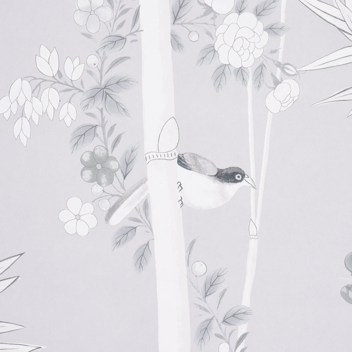 Light gray wallpaper with pale white blossoms, bamboo stalks, and a small black-and-white bird.