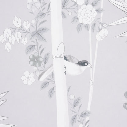 Light gray wallpaper with pale white blossoms, bamboo stalks, and a small black-and-white bird.