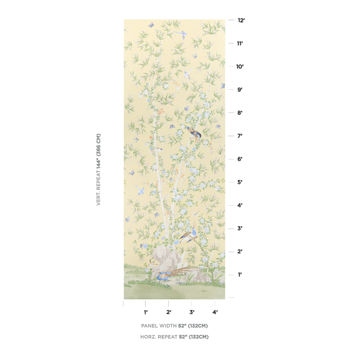 Vertical wallpaper panel with pale yellow background, green leafy vines and small blue birds in a garden scene.